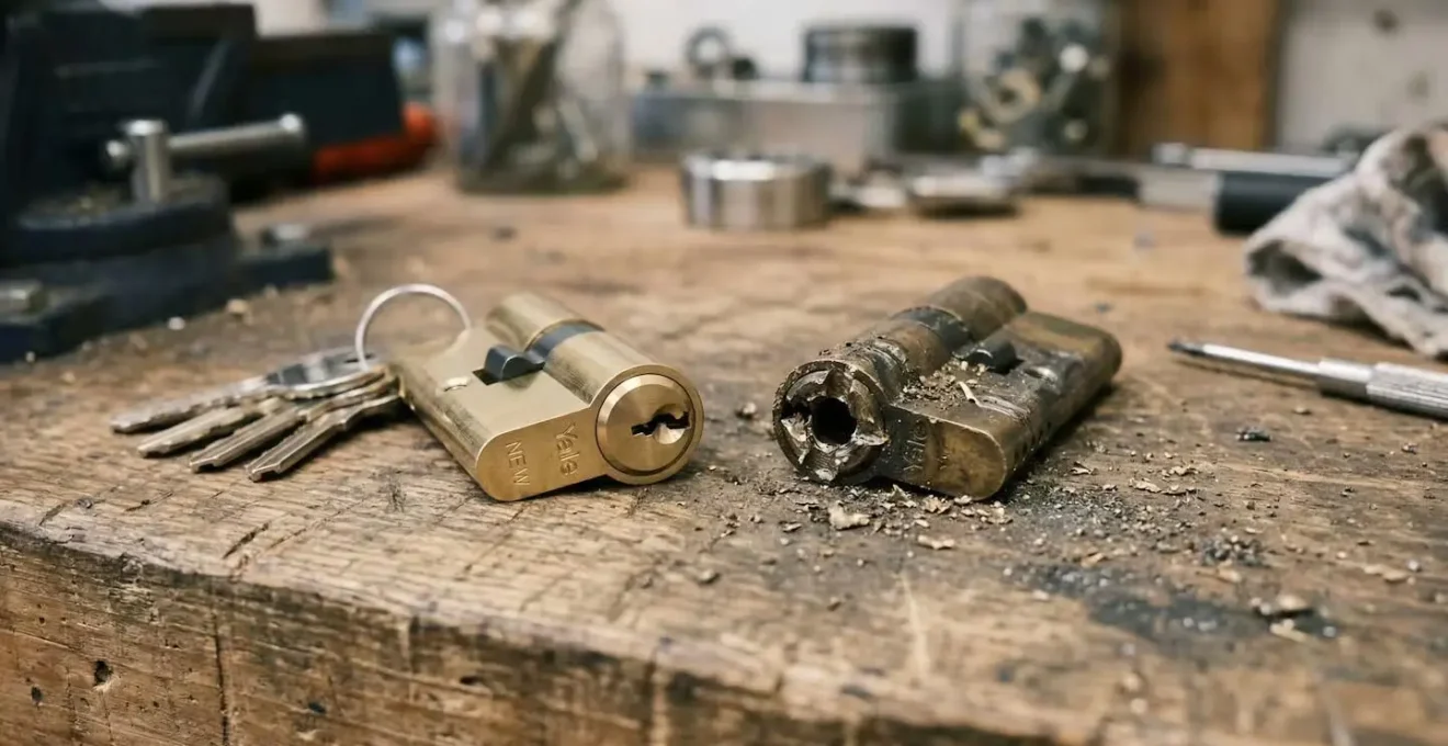 Comparaison entre un cylindre de serrure neuf et un cylindre percé après ouverture destructive