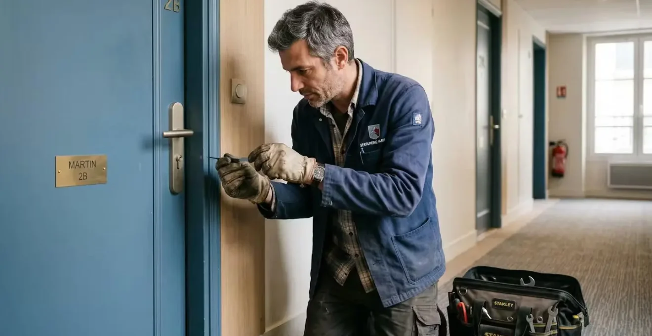 Serrurier professionnel analysant une serrure de porte d'appartement en Haute-Savoie