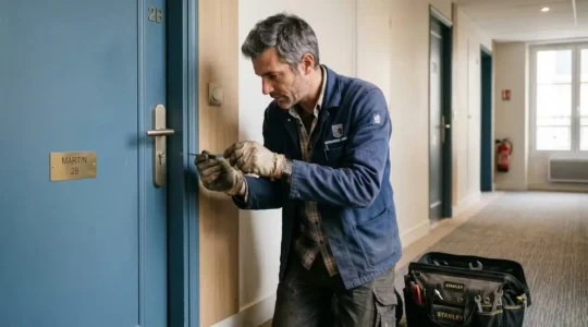 Serrurier professionnel analysant une serrure de porte d'appartement en Haute-Savoie