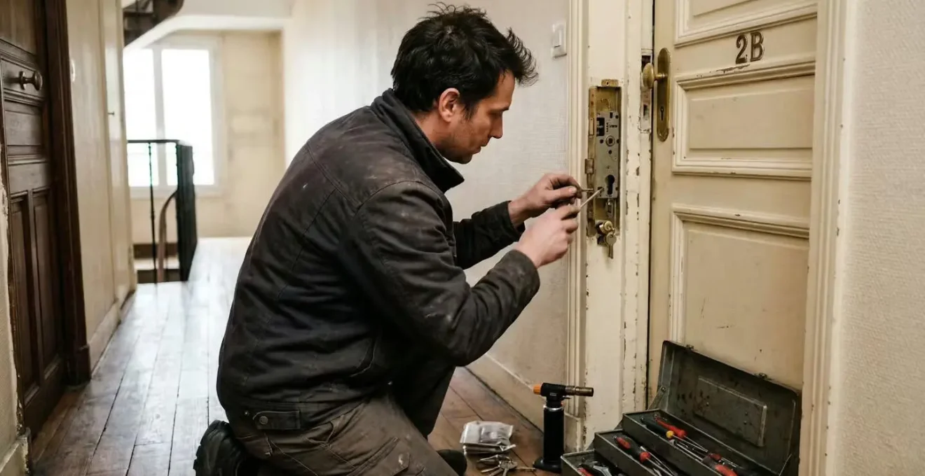 Artisan serrurier en intervention sur une porte blindée dans un appartement